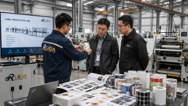 Korean buyer discussing label production line requirements at RUIDA Machine factory