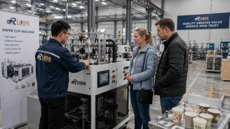Russian couple visiting RUIDA Machine paper cup machine factory