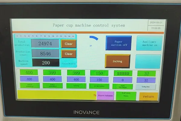 Machine control panel for paper cup machine adjustment